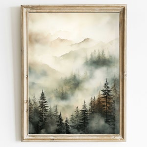 Misty Forest Print, Watercolor Landscape Art, Forest Wall Art, Printable Nature Art, Forest Landscape Decor, Printable Mountain Wall Art