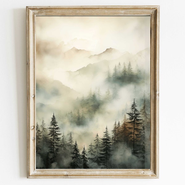 Misty Forest Print, Watercolor Landscape Art, Forest Wall Art, Digital Nature Art Print, Forest Landscape Decor, Printable Mountain Wall Art