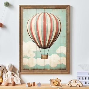 Vintage Hot Air Balloon Print, Rustic Nursery Decor, Whimsical Art, Colorful Vintage Prints, Distressed Wall Art, Printable Artwork