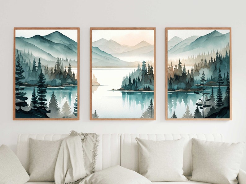 Lake & Mountain Wall Art, Watercolor Forest Landscape Painting, Teal ...