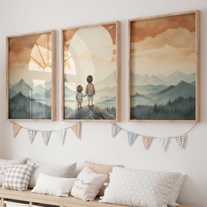 Geschwister Druck, Abenteuer Kleinkind Dekor, Bruder Schwester Wandkunst, Vintage Malerei für Kinderzimmer, druckbare Kinderzimmer Kunst, 3er Set