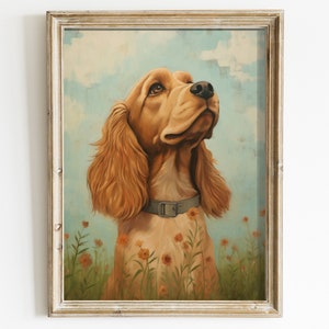 Cocker Spaniel Wall Art - Printable Art - Vintage Dog Portrait Amidst Flowers - Yellow Coat Elegance - Distressed Wall Decor -
