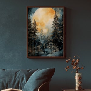 May include: A watercolor painting of a full moon rising over a dark forest. The moon is a pale yellow with a soft glow, and the trees are silhouetted against the night sky. The painting has a dreamy, ethereal quality.