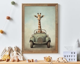 Giraffe Nursery Art, Animal in Car Print, Safari Nursery Decor, Safari Animal Boys Room Art, Car Nursery Art Print, Printable Kids Wall Art