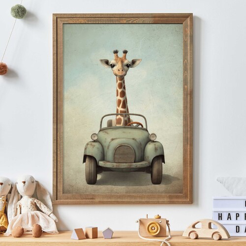 Art girafe pour chambre d'enfant, impression d'animal dans la voiture, décoration de chambre d'enfant Safari, art de la chambre des garçons animaux Safari, impression d'art de chambre d'enfant voiture, art mural imprimable pour enfants