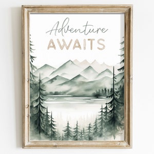 Adventure Awaits Print, Hiking & Camping Quote Wall Art, Inspirational Saying, Vintage Watercolor Nature Quote Decor, PRINTABLE Wall Decor