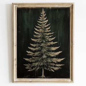 ダークモミの木のプリント、クリスマスの壁飾り、クリスマスツリーのプリント、トウヒの木の絵、素朴な家の装飾、印刷可能なクリスマスの壁アート