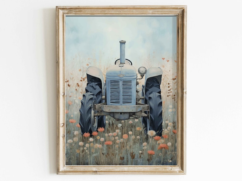 May include: A vintage blue tractor sits in a field of wildflowers. The tractor has a weathered, rustic look and is surrounded by a variety of flowers in shades of pink, orange, and white.