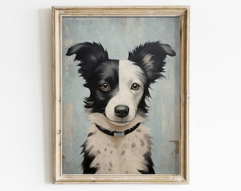 Border Collie Art Print, Digital Dog Art, Portrait Painting, Border Collie Owners and Lovers Gift, Vintage Dog Print, Printable Dog Decor