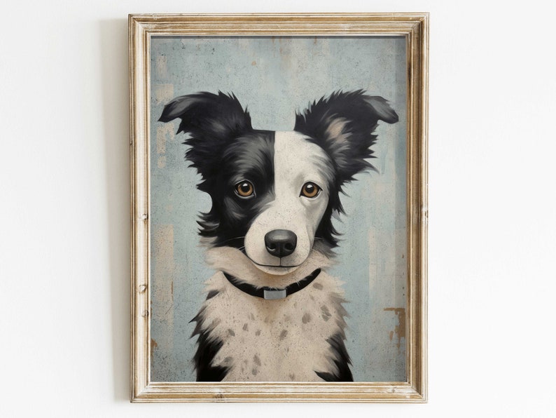 K&ouml;nnte beinhalten: Ein schwarz-wei&szlig;er Border Collie mit braunen Augen, der direkt in die Kamera schaut. Der Hund tr&auml;gt ein schwarzes Halsband mit einem silbernen Anh&auml;nger. Der Hintergrund ist hellblau mit einer strukturierten Optik.