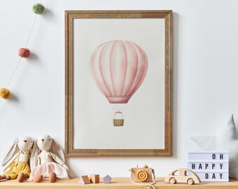 Pink Hot Air Balloon Nursery Decor, Watercolor Nursery Print, Adventure Nursery Girl, Vintage Balloon Wall Art, PRINTABLE Nursery Art Girl