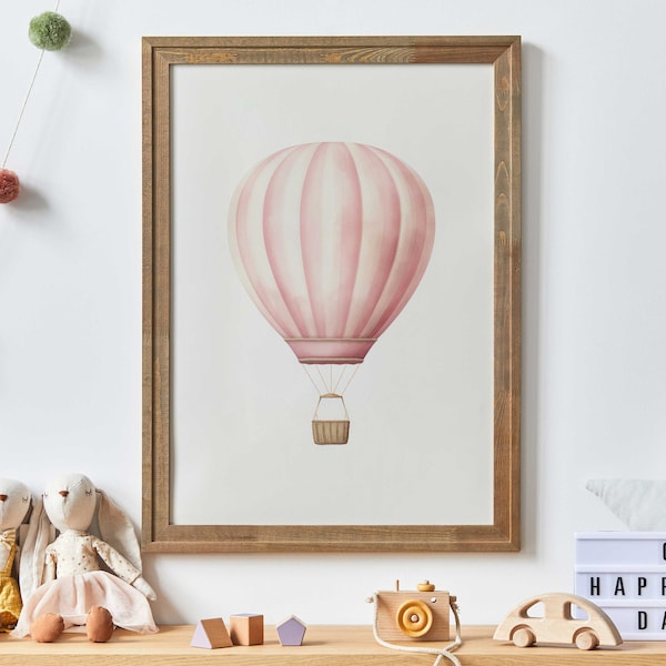 Pink Hot Air Balloon Nursery Decor, Watercolor Nursery Print, Adventure Nursery Girl, Vintage Balloon Wall Art, PRINTABLE Nursery Art Girl