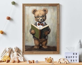Kids Reading Book Decor, Bear Nursery Art, Learning Decor, Books Wall Art, Kids Bedroom, Study Room or School Art, PRINTABLE Kids Wall Art
