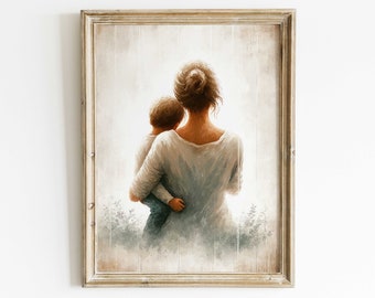 Art mural mère, impression mère et fils, cadeau pour les mères, impression d'art parent enfant, peinture mère, lien mère-fils, art mural vintage à imprimer