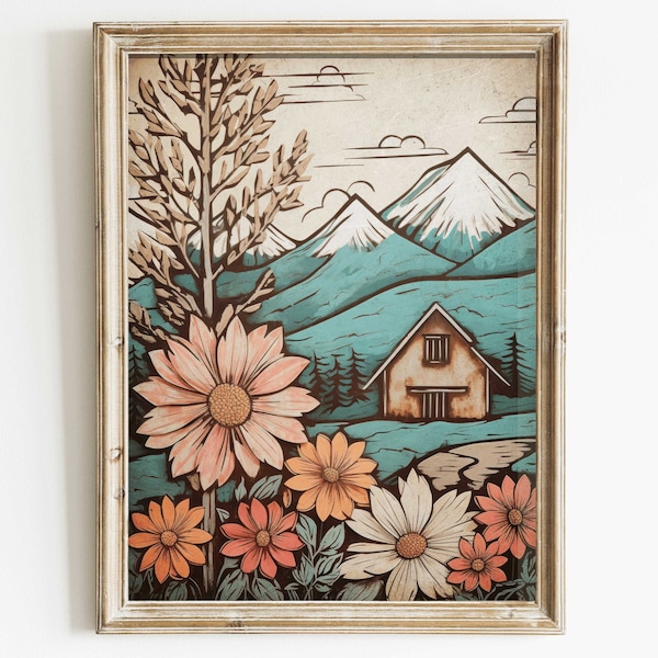 Vintage Cabin Art, Mountain Cabin Print, Forest & Mountain Wall Art, Cozy Cottage Art Print, Flower Landscape, Digital Printable Artwork