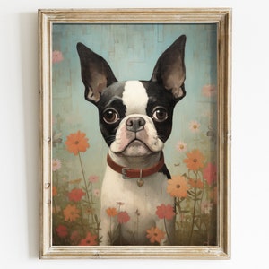 Boston Terrier&#39;s Vintage Wall Art - Boston Terrier Dog Amid Flowers - Dog Portrait - Vintage Art,  Printable Art -  Great Gift!