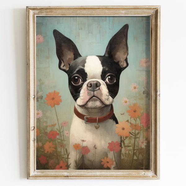 Boston Terrier's Vintage Wall Art - Boston Terrier Dog Amid Flowers - Dog Portrait - High-Resolution Digital Printable Art -  Great Gift!