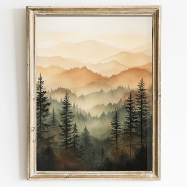 Forest Wall Art, Watercolor Forest Landscape, Nature Print, Misty Forest & Mountain Painting, Cabin Decor, Digital Printable Artwork