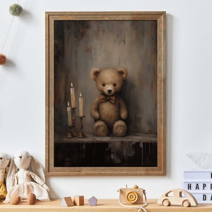 Arte de pared con osito de peluche, decoración rústica para habitación infantil, decoración para habitación de bebé, arte infantil bonito, arte imprimible para habitación infantil.