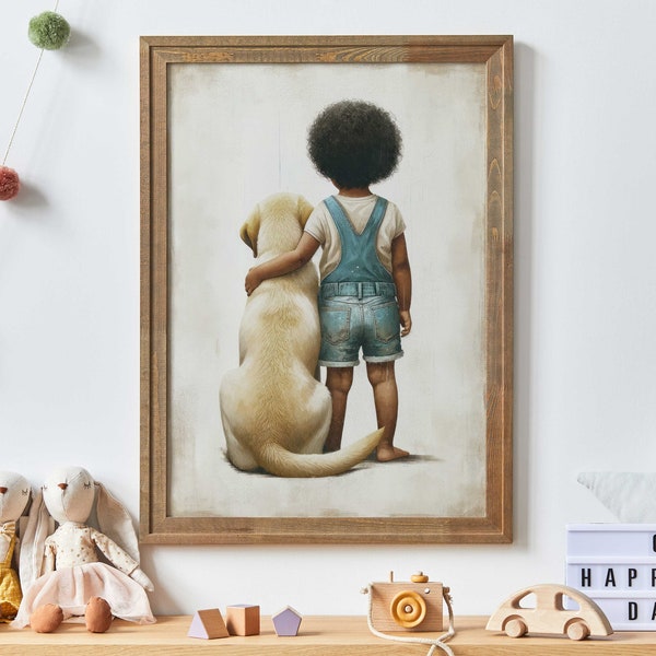 Yellow Labrador Nursery Print, Girl & Dog Art Print, Dog Nursery Decor, Toddler Decor Girl, Black Girl Art, Black Kid,Printable Dog Art Kids