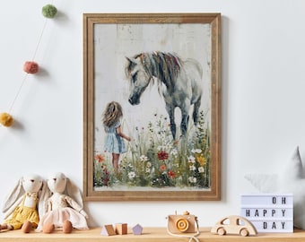 May include: A framed painting of a young girl in a blue dress standing in a field of flowers, looking at a white horse. The horse is standing in the field of flowers, looking at the girl.