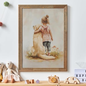 Golden Retriever Art Nursery, Golden Retriever Nursery Decor, Girl & Golden Retriever Themed Nursery Art, Girl Room Dog Wall Art Print