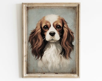 Cavalier King Charles Spaniel Print, Vintage Dog Wall Art, Rustic Dog Decor, Gift for Dog Lovers & Cavalier Owners, DIGITAL Printable Art