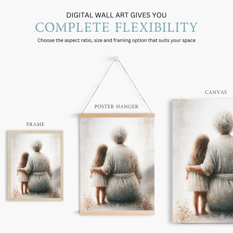 May include: A watercolor painting of a grandmother and granddaughter sitting together. The painting is available in a framed, canvas, or poster hanger format.
