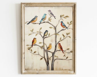 Minimalist Bird Print, Vintage Bird Wall Art, Tree Wall Art, Vintage Wall Decor, Rustic Wall Art, Farmhouse Home Decor, Printable Wall Art
