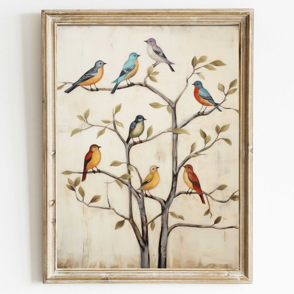 Stampa minimalista di uccelli, arte da parete con uccelli vintage, arte da parete ad albero, decorazione da parete vintage, arte da parete rustica, decorazione per la casa in fattoria, arte da parete stampabile