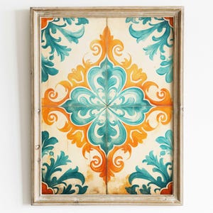 Azulejos Wall Art Print, Portuguese Tile Art, Rustic Tile Pattern Wall, Teal and Orange Art, Rustic Spanish Country Home Decor,PRINTABLE Art