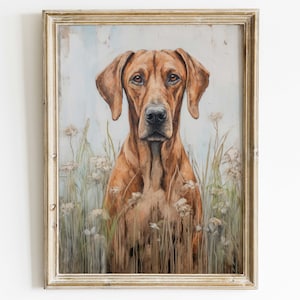 Rhodesian Ridgeback Wall Art, Vintage Dog Print, Rhodesian Ridgeback Portrait, Dogs with Flowers, Rustic Dog Painting, Printable Dog Decor