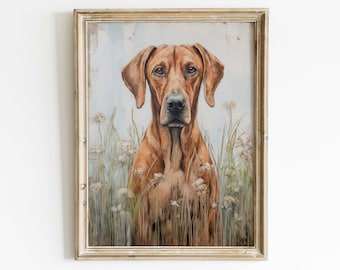 Rhodesian Ridgeback Wall Art, Vintage Dog Print, Rhodesian Ridgeback Portrait, Dogs with Flowers, Rustic Dog Painting, Printable Dog Decor