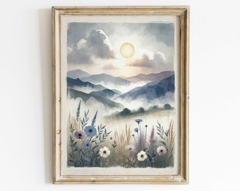 Wildflower & Mountain Print, Nursery Landscape Art, Mountain Painting, Rustic Nature Painting, Sunset Art Print,PRINTABLE Landscape Wall Art
