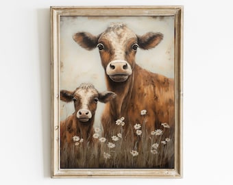 May include: A framed painting of two brown and white cows standing in a field of white daisies. The mother cow is looking directly at the viewer, while the calf is looking to the side. The painting has a rustic, vintage feel.