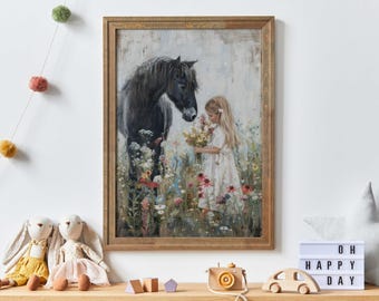 May include: A framed painting of a young girl in a white dress holding a bouquet of flowers, standing in a field of wildflowers with a black horse beside her.