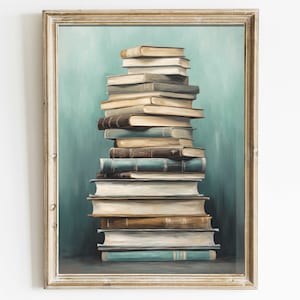 Books Wall Art, Book Lovers Art Print, Reading Book Decor, Old Books Decor, Vintage Book Painting, Book Stack Decor, Printable Art