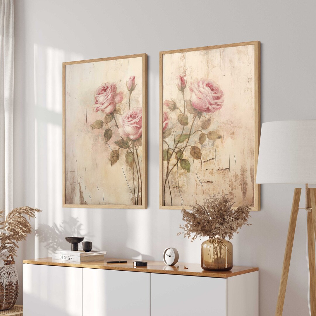 Pink Rose Print, Rose Flower Art, Rustic Floral Wall Art, Set of 2 ...