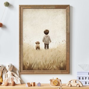 Puppy kinderkamer print, jongen en hond kunst, vintage kinderkamer kunst aan de muur, hondenliefhebber, hond jongenskamer decor, afdrukbare hond muur decor voor kinderen