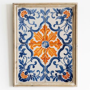 Azulejos Print, Portuguese Tile Art, Azulejos Wall Art, Spanish Tile, Blue and Orange Art, Rustic Spanish Country Decor, PRINTABLE Tile Art
