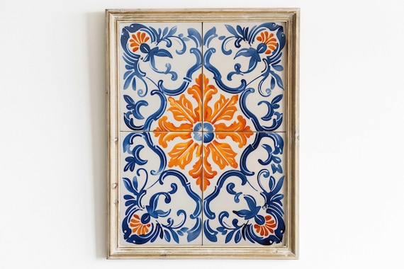 Azulejos Print, Portuguese Tile Art, Azulejos Wall Art, Spanish Tile, Blue and Orange Art, Rustic Spanish Country Decor, PRINTABLE Tile Art