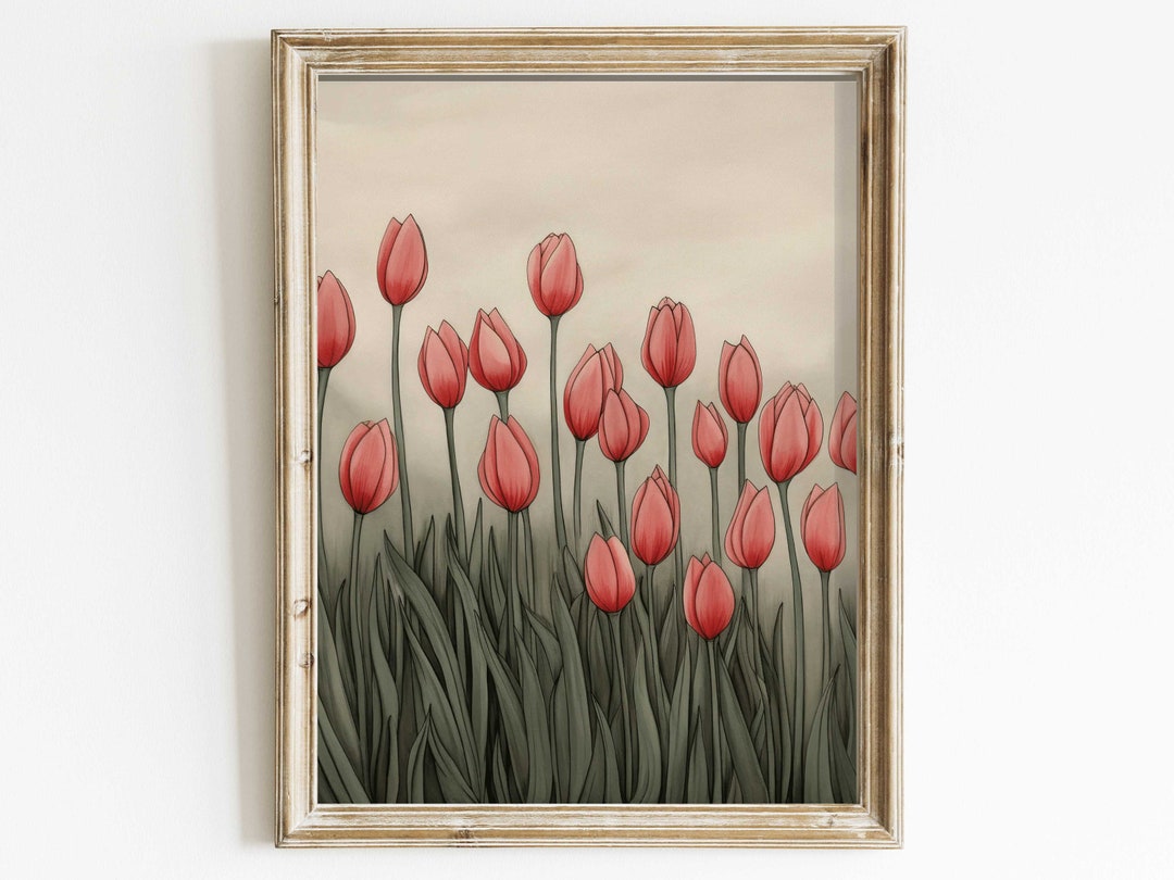 Vintage Floral Print, Tulip Printable Wall Art, Field of Red Tulip ...