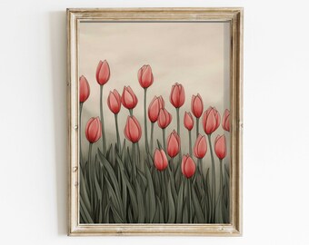 Vintage Floral Print, Tulip Printable Wall Art, Field of Red Tulip Flowers, Flower Meadow Artwork, Printable Flower Decor