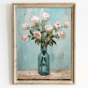 Arte de parede floral rústica, impressão de rosas cor-de-rosa, arte botânica vintage, pintura de flores, buquê de rosas, decoração de parede de fazenda, arte para impressão