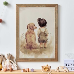 Golden Retriever Nursery Decor, Girl & Dog Painting, Golden Retriever Print, Baby Shower, Golden Retriever Gift for Baby, Printable Dog Art
