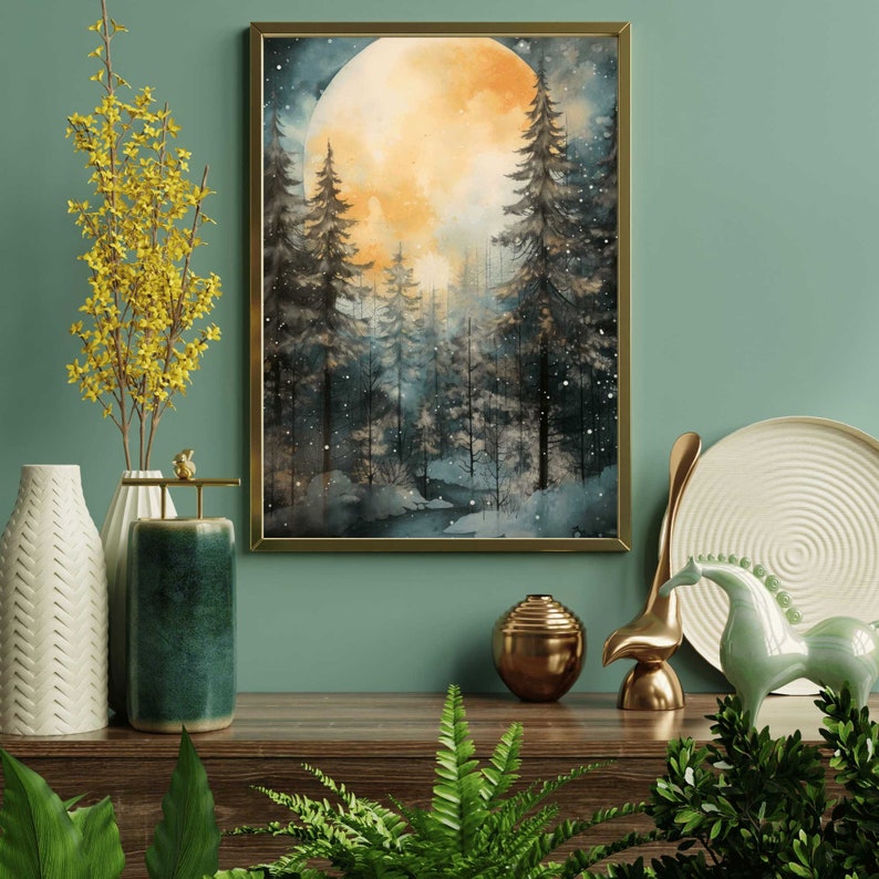 May include: A watercolor painting of a moonlit forest scene with a large, full moon in the background. The trees are silhouetted against the moon, and there is a light dusting of snow on the ground.