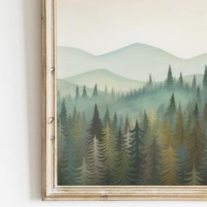 May include: A framed illustration of a misty forest scene with a row of evergreen trees in the foreground and a hazy mountain range in the background.