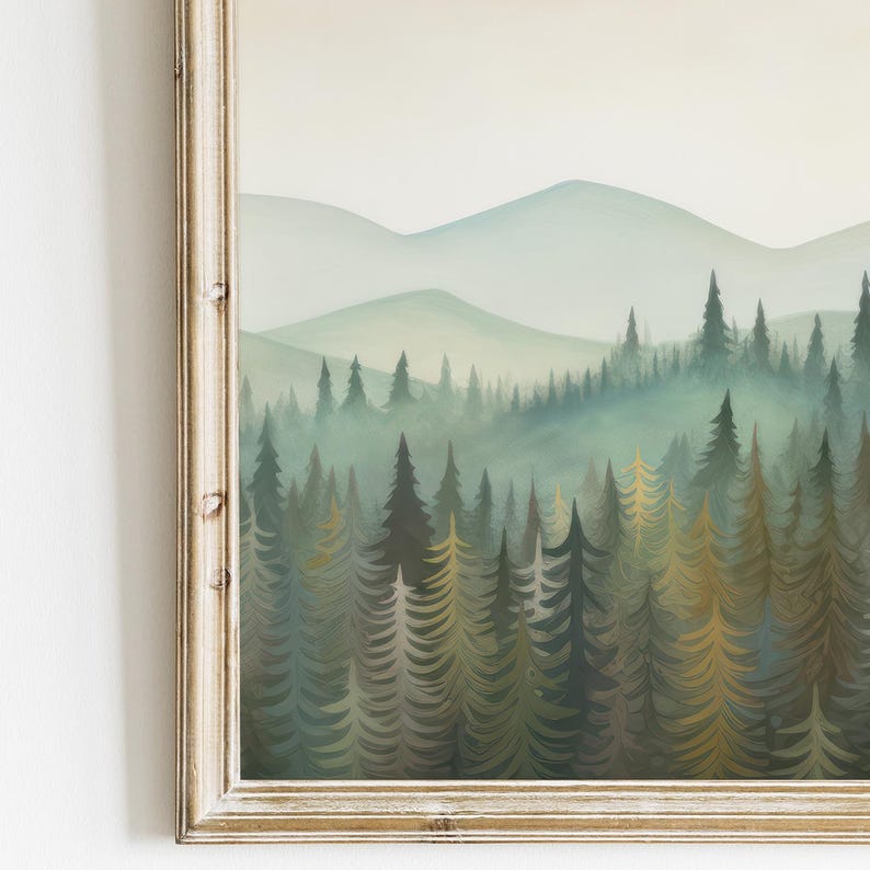 May include: A framed illustration of a misty forest scene with a row of evergreen trees in the foreground and a hazy mountain range in the background.