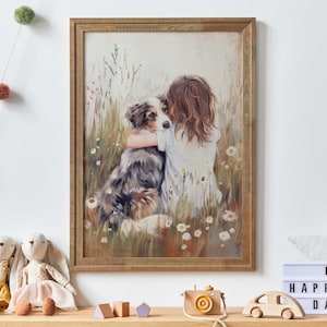 Australian Shepherd Nursery Decor, Girl & Dog Art Print, Aussie Wall Art, Dog Painting, Aussie Dog, Printable Australian Shepherd Decor