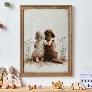Labradoodle Nursery Print, Girl & Dog Art Print, Brown Labradoodle Painting, Dog Nursery Decor, Toddler Decor Girl, Printable Dog Wall Art